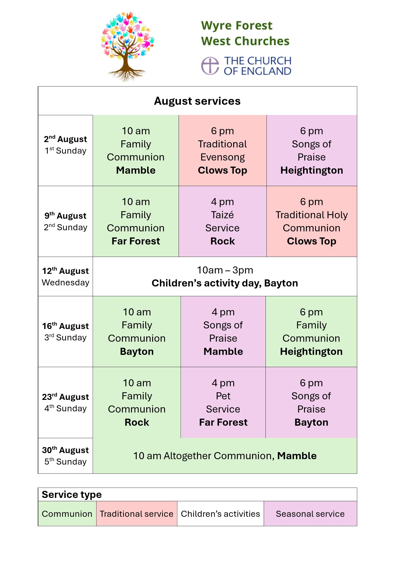 Rota has summer holiday services.  Communions at 10am plus seasonal services